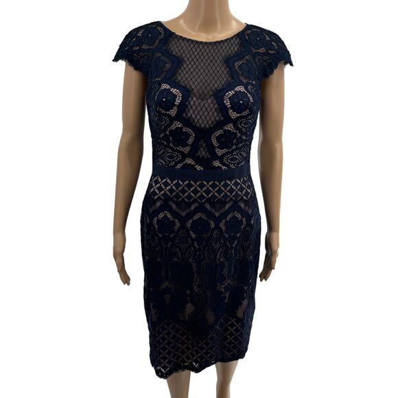 Tadashi Shoji Midnight Blue Brogan Nude Lace Cocktail Dress - Picture 4 of 11